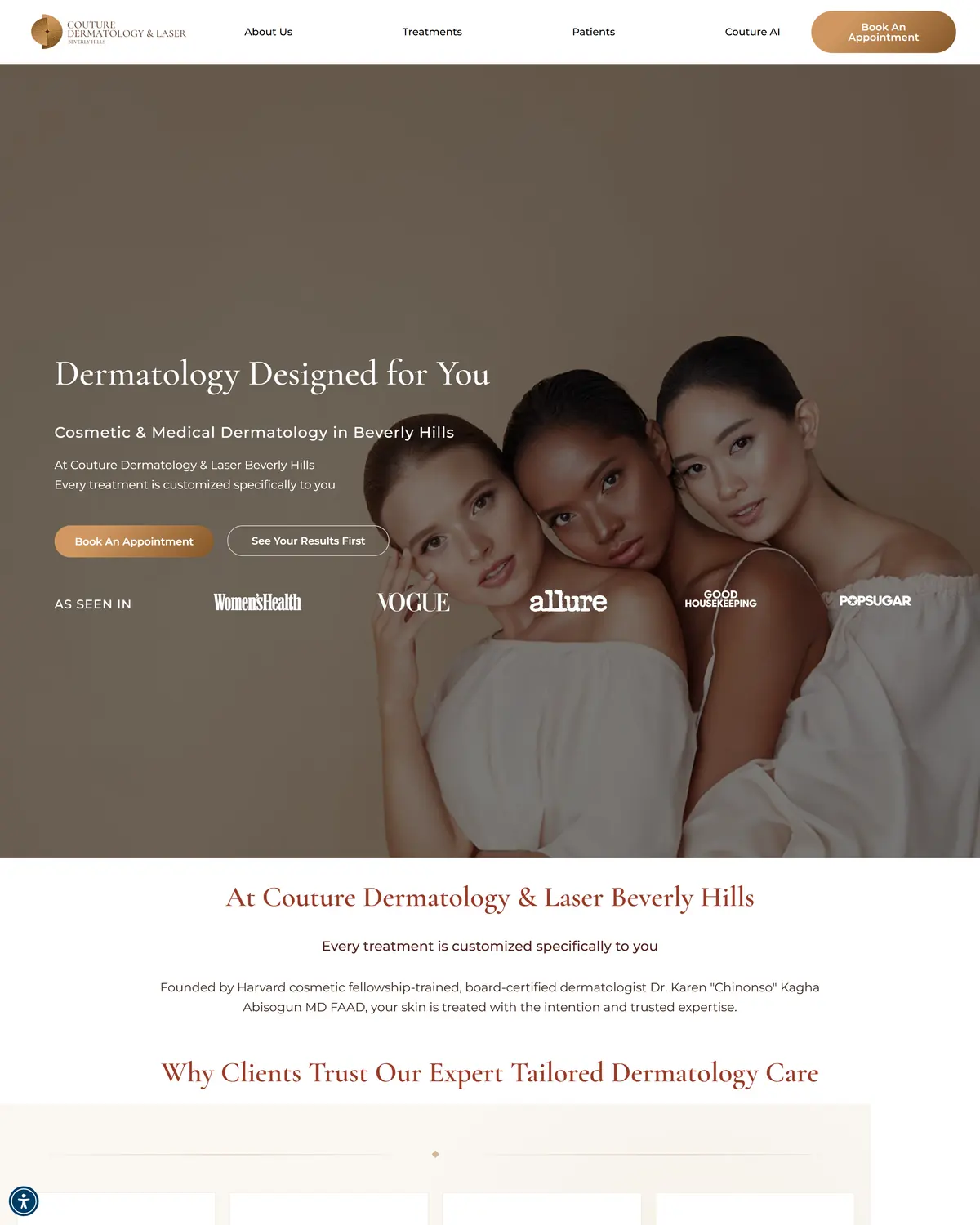 Homepage of Couture Dermatology & Laser, a Beverly Hills clinic site built by Fortimark